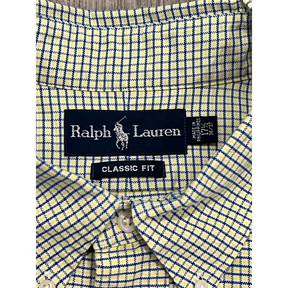 Ralph Lauren Classic Fit Button Down Shirt Mens 17 1/2 36/37 Yellow Blue Check - Picture 4 of 8
